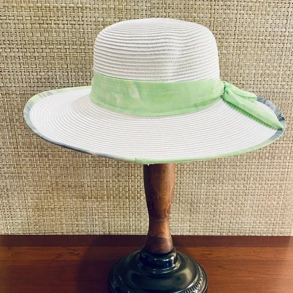 🌟HP🌟NWOT White & Lime Green Paper Straw Hat UPF 50+ by Sun N Sand Adjustable - Picture 6 of 9